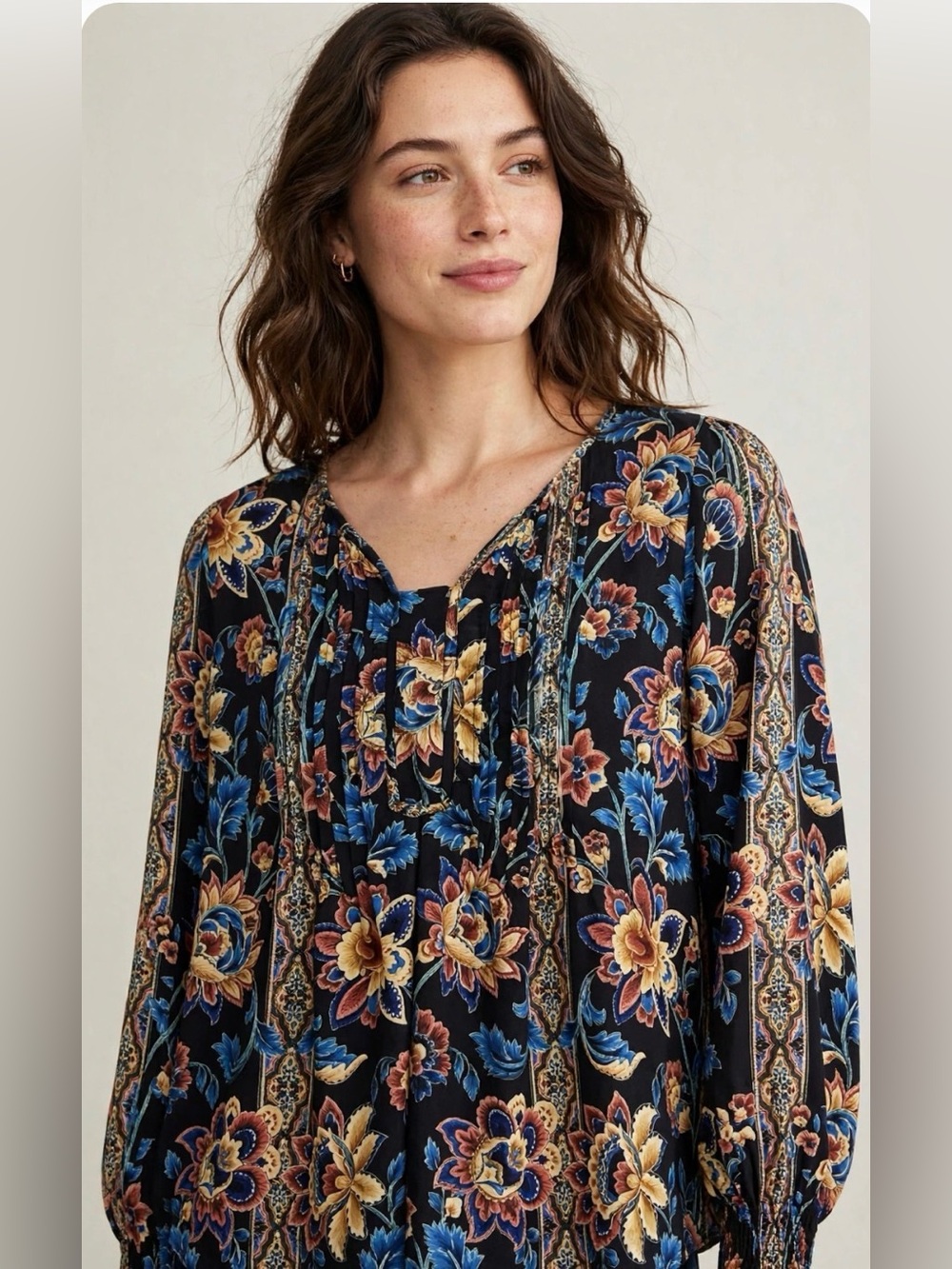 Boho Black Floral Peasant Blouse Size S v-Neck Elastic Cuff Colorful Long Sleeve